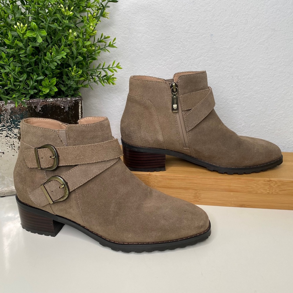 Blondo Shanna Waterproof Suede Ankle Boots Taupe Brown Moto Booties Zip Size 8 - Picture 2 of 12